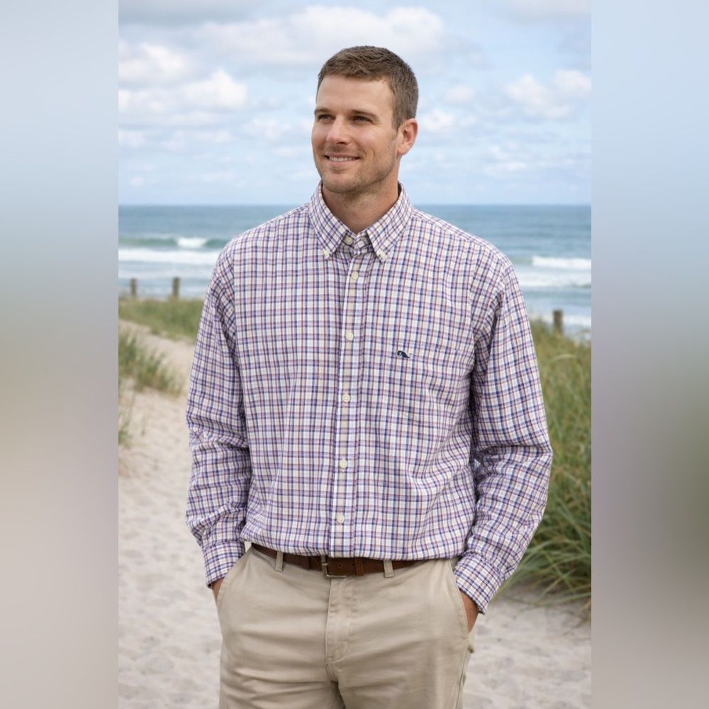 Vineyard Vines Slim Fit Whale Shirt Mens XL Blue Plaid Long Sleeve Button Up